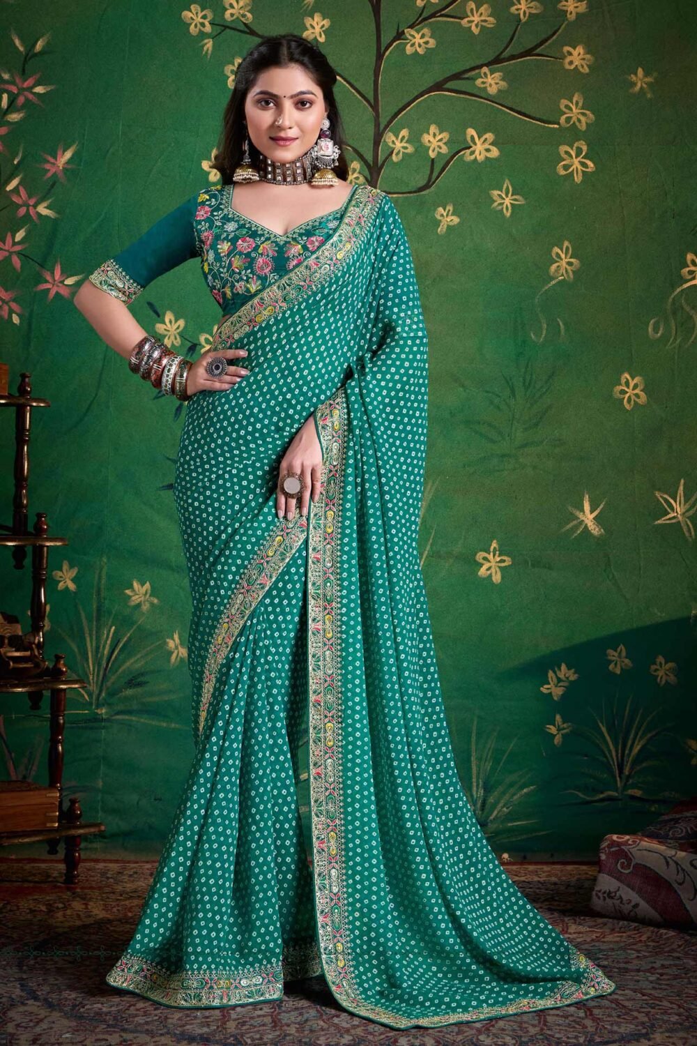 Sea Green Bandhni Print Georgette Women Saree With Embroidered Blouse