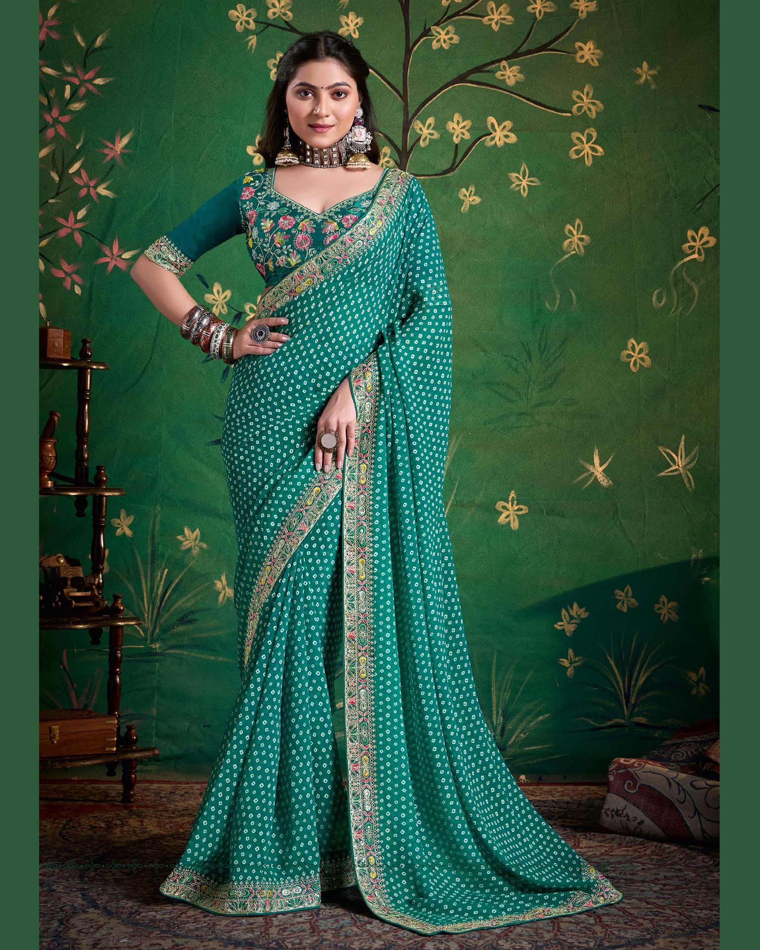Sea Green Bandhni Print Georgette Women Saree With Embroidered Blouse