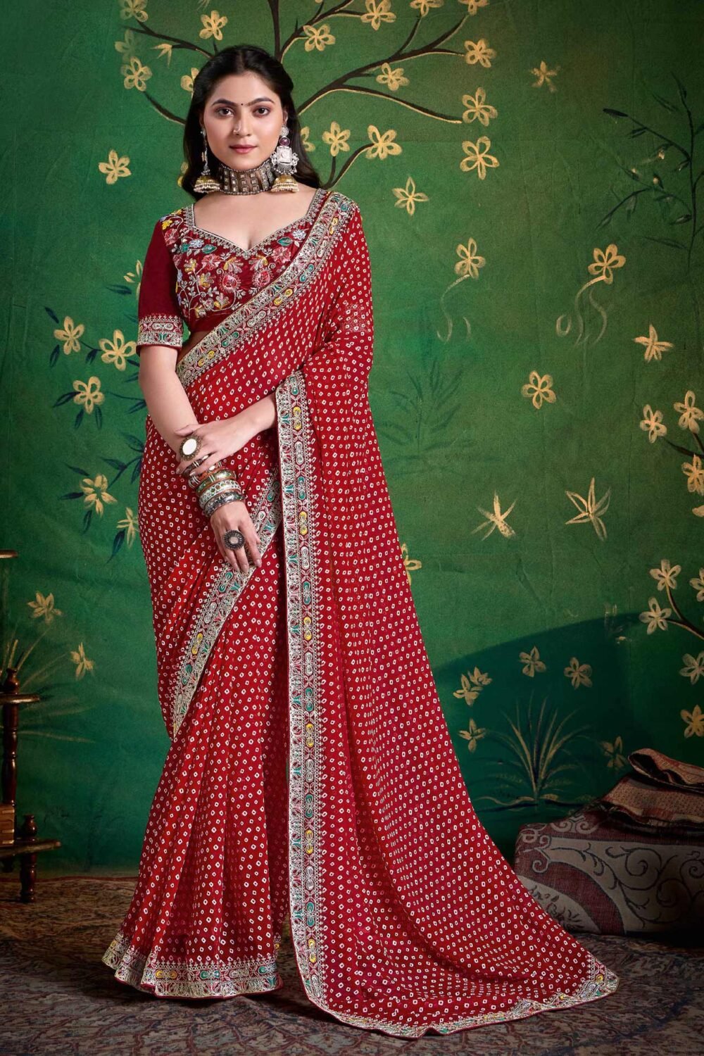 Maroon Bandhni Print Georgette Women Saree With Embroidered Blouse