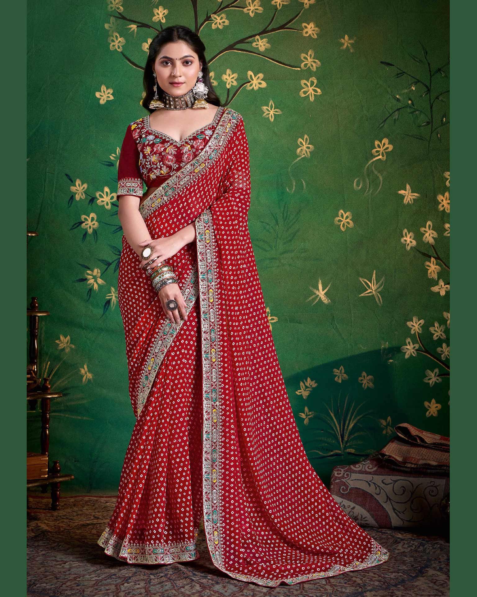 Maroon Bandhni Print Georgette Women Saree With Embroidered Blouse