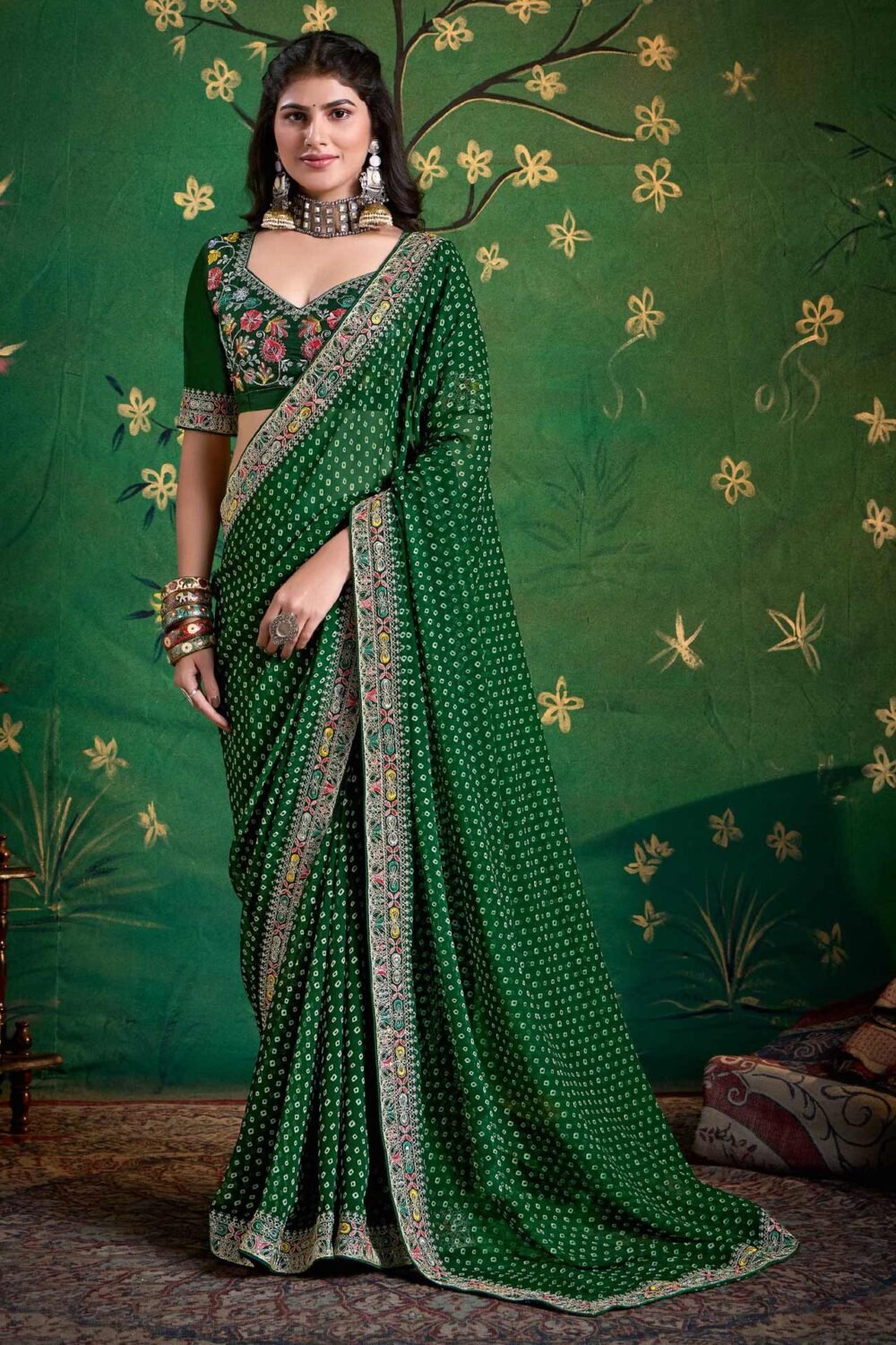 Dark Green Bandhni Print Georgette Women Saree With Embroidered Blouse