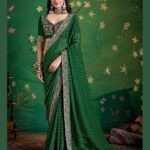 Dark Green Bandhni Print Georgette Women Saree With Embroidered Blouse