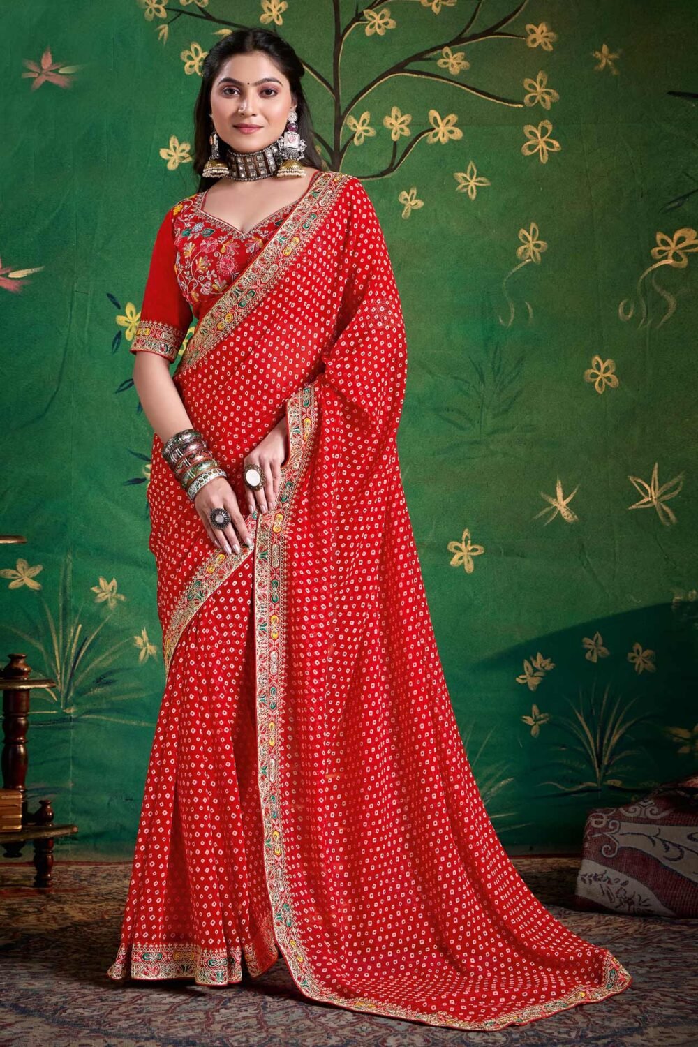 Red Bandhni Print Georgette Women Saree With Embroidered Blouse