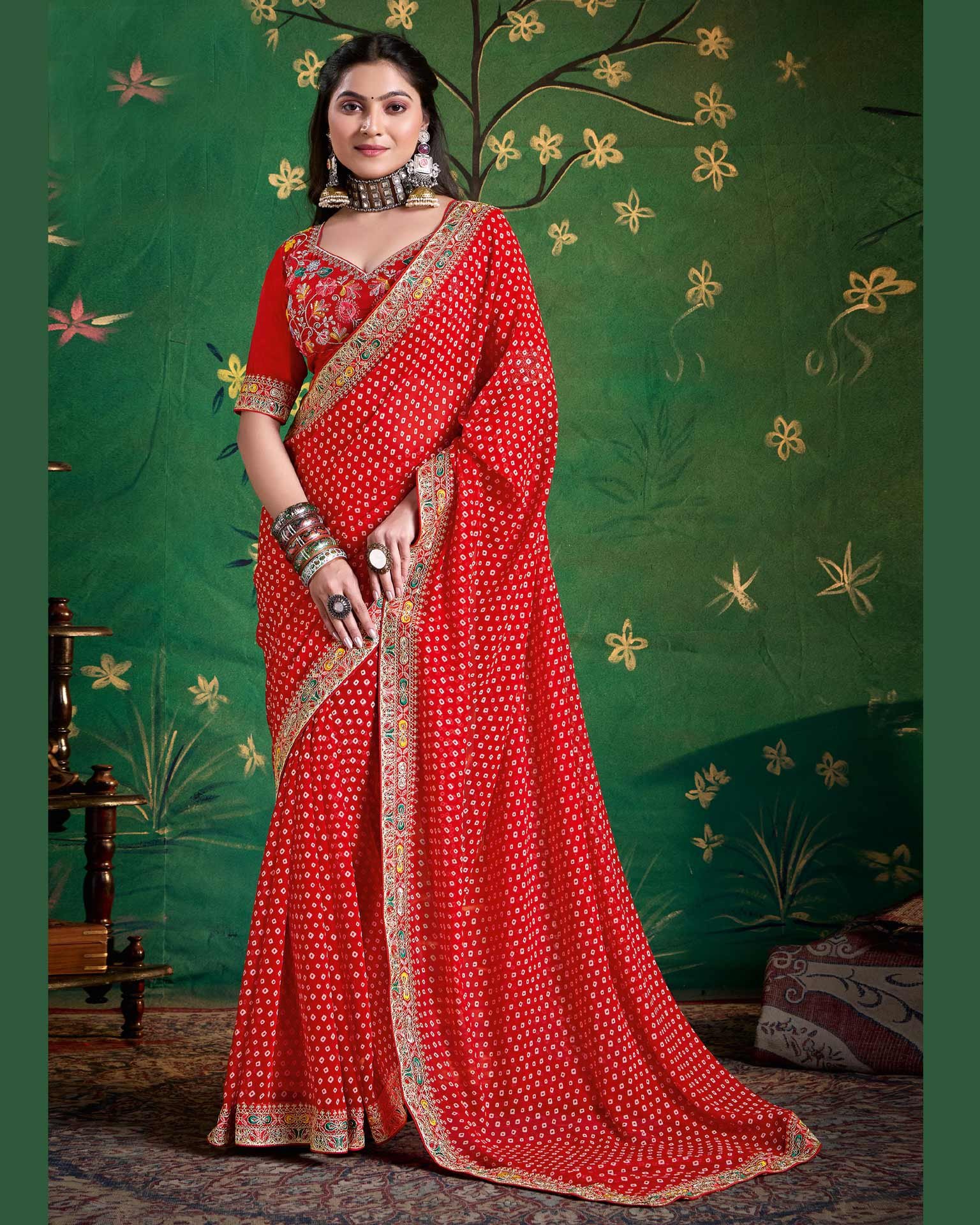 Red Bandhni Print Georgette Women Saree With Embroidered Blouse