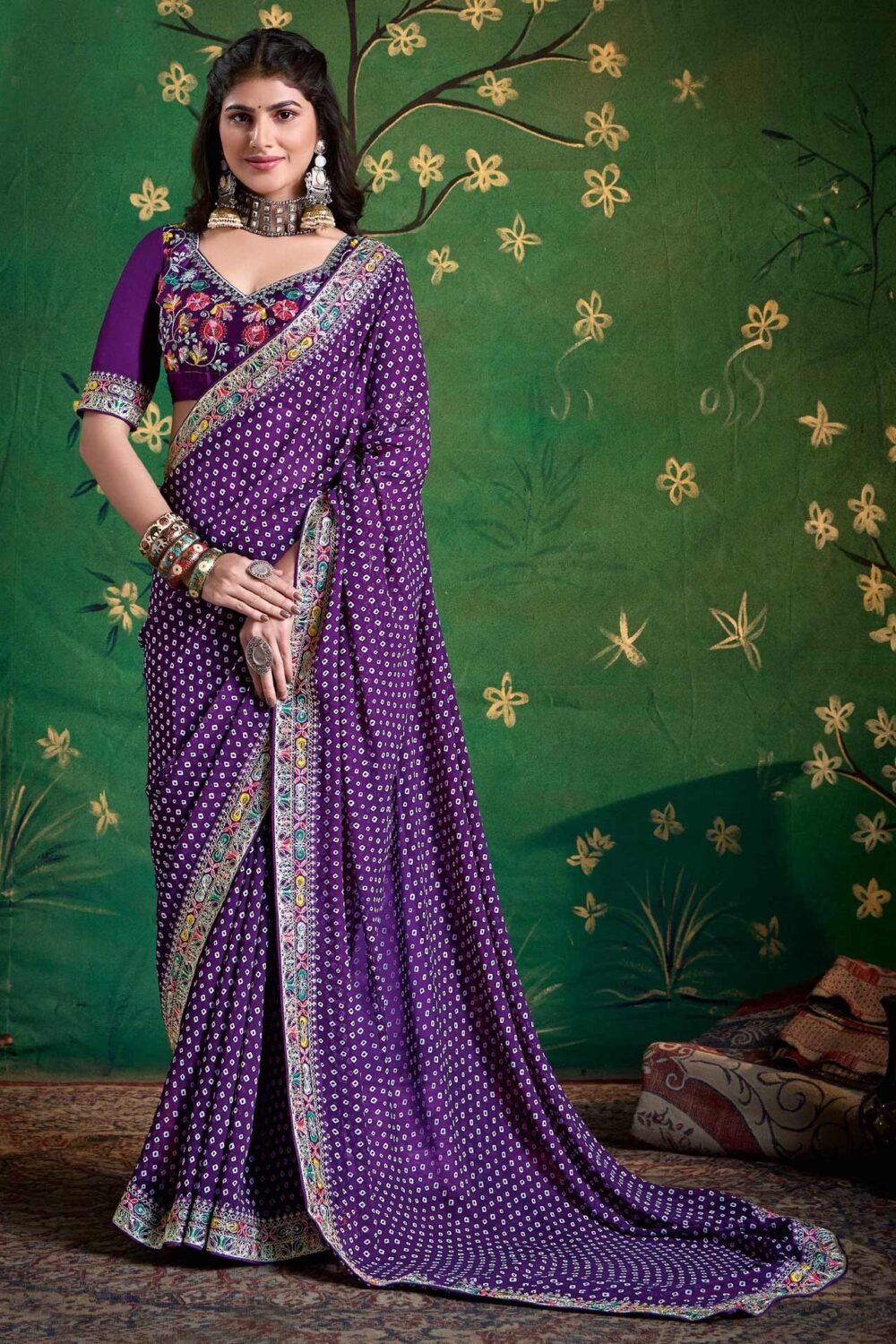 Violet Bandhni Print Georgette Women Saree With Embroidered Blouse