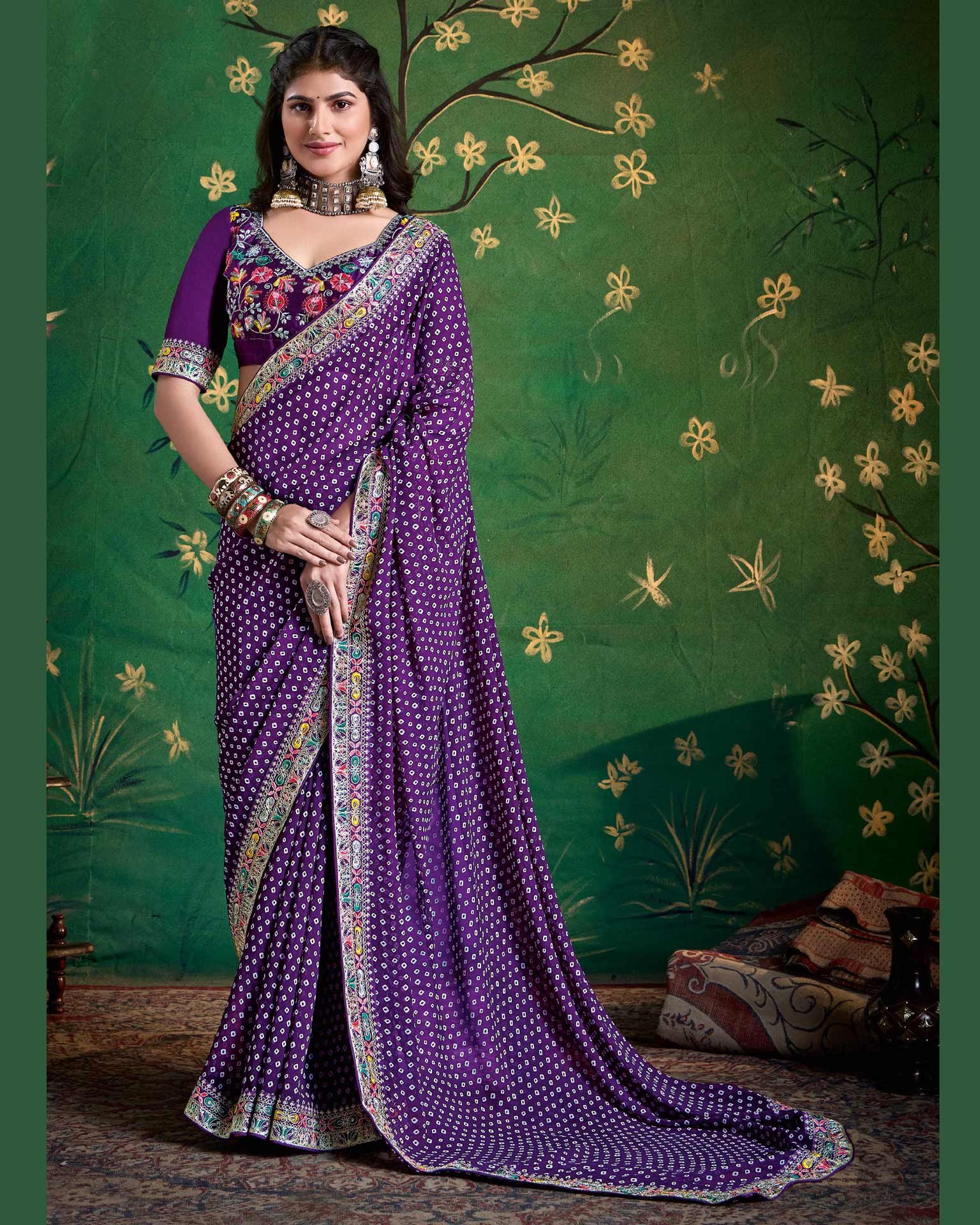 Violet Bandhni Print Georgette Women Saree With Embroidered Blouse