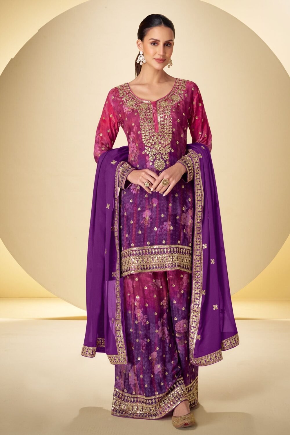 Pink & Purple Chinnon Silk Mirror Work Bandhni Print Readymade Woman Palazzo Suit