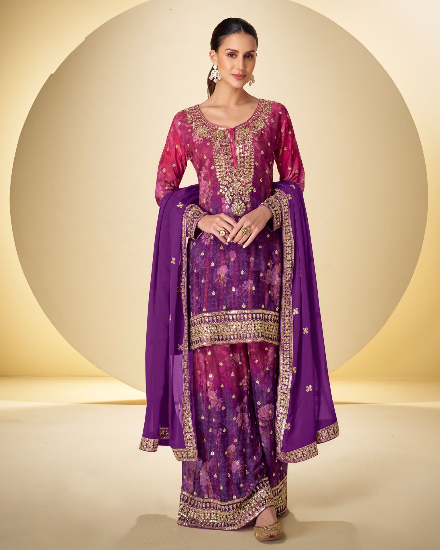 Pink & Purple Chinnon Silk Mirror Work Bandhni Print Readymade Woman Palazzo Suit