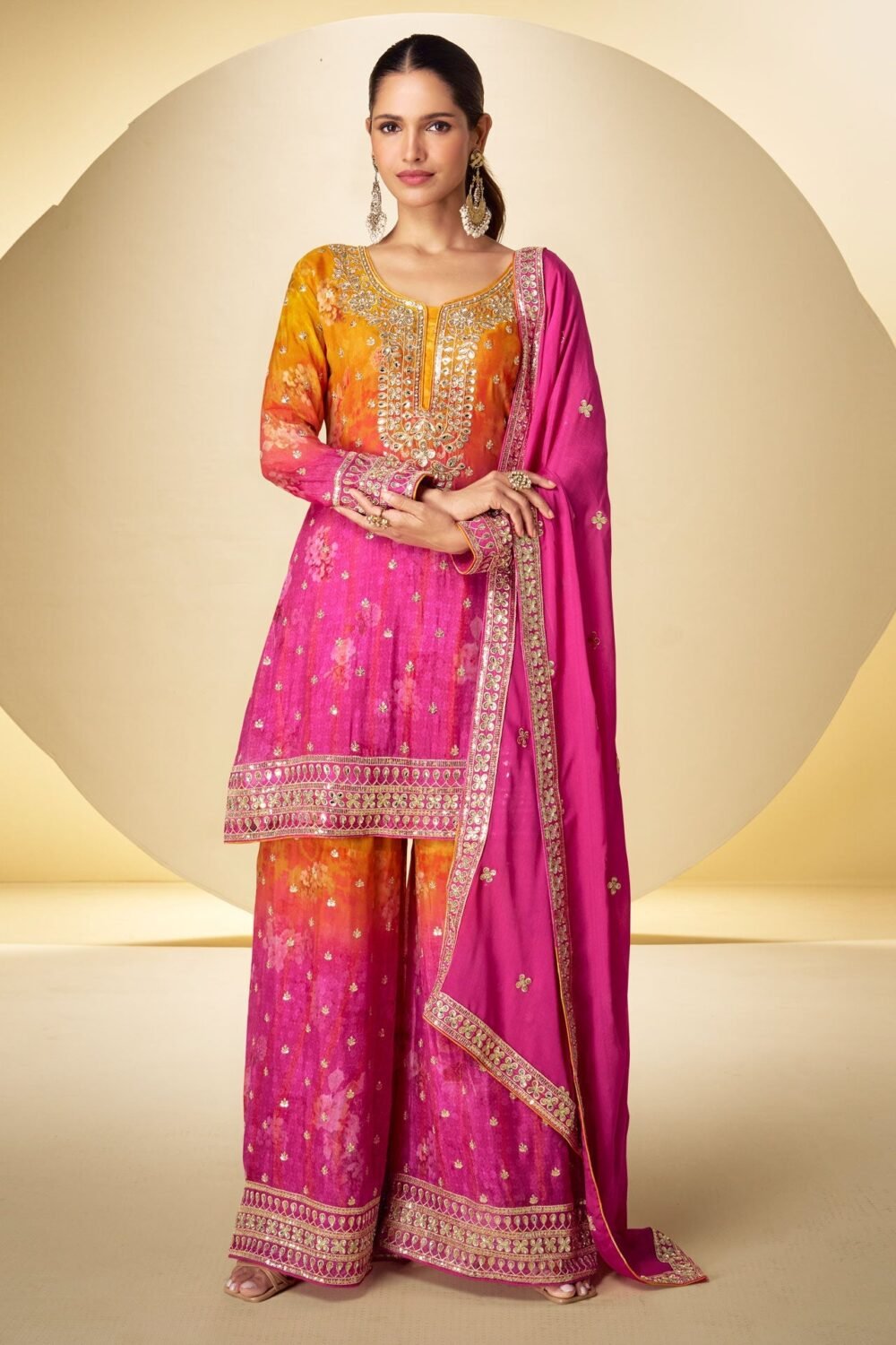 Yellow & Pink Chinnon Silk Mirror Work Bandhni Print Readymade Woman Palazzo Suit