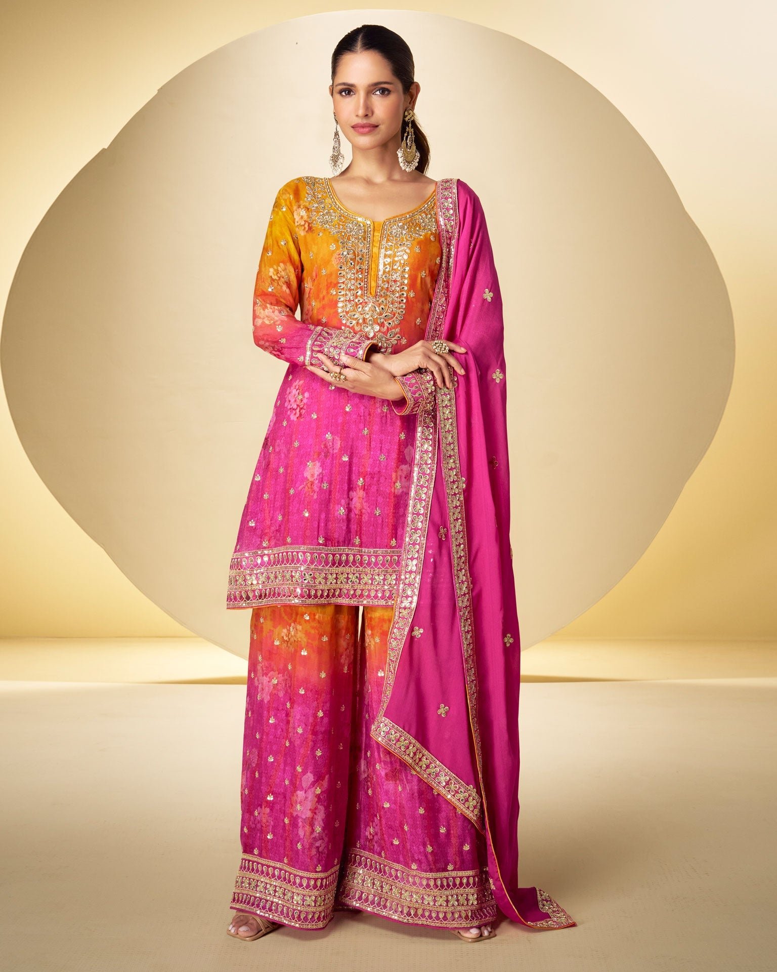 Yellow & Pink Chinnon Silk Mirror Work Bandhni Print Readymade Woman Palazzo Suit