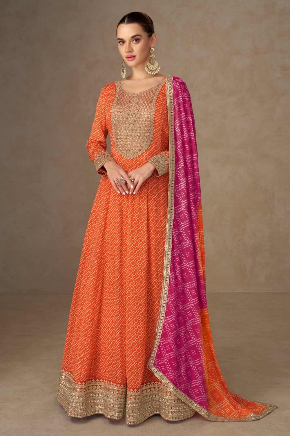Orange Chinnon Women Readymade Frock Suit With Pink Bandhni Dupatta