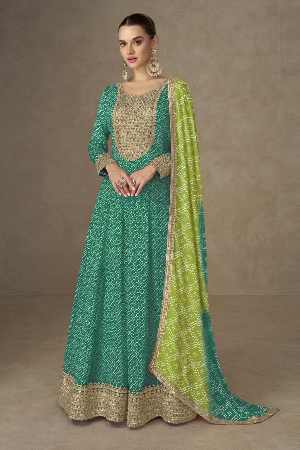 Green Chinnon Women Readymade Anarkali Frock Suit With Bandhni Dupatta