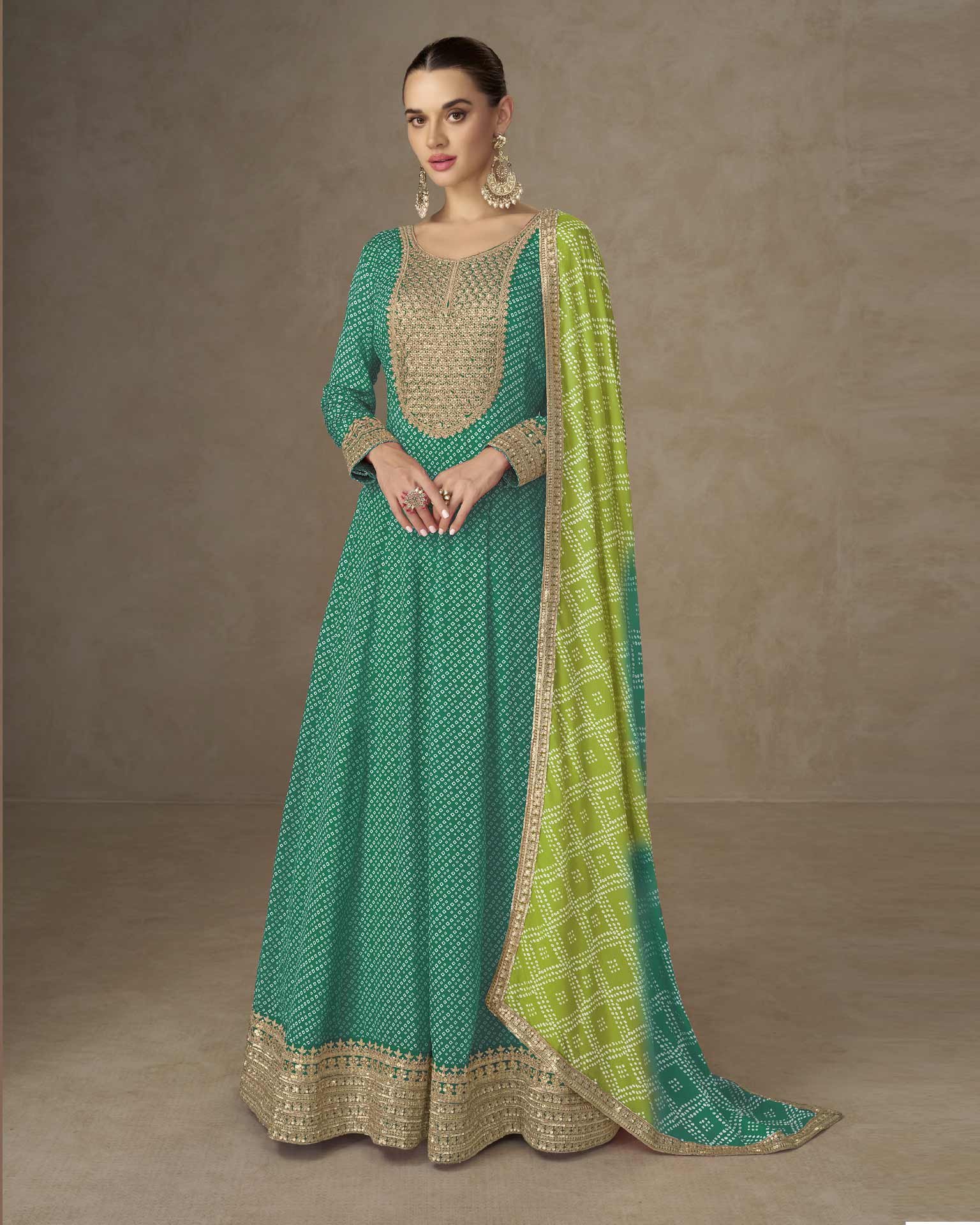 Green Chinnon Women Readymade Anarkali Frock Suit With Bandhni Dupatta