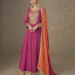 Pink Chinnon Women Readymade Frock Suit With Orange Bandhni Dupatta