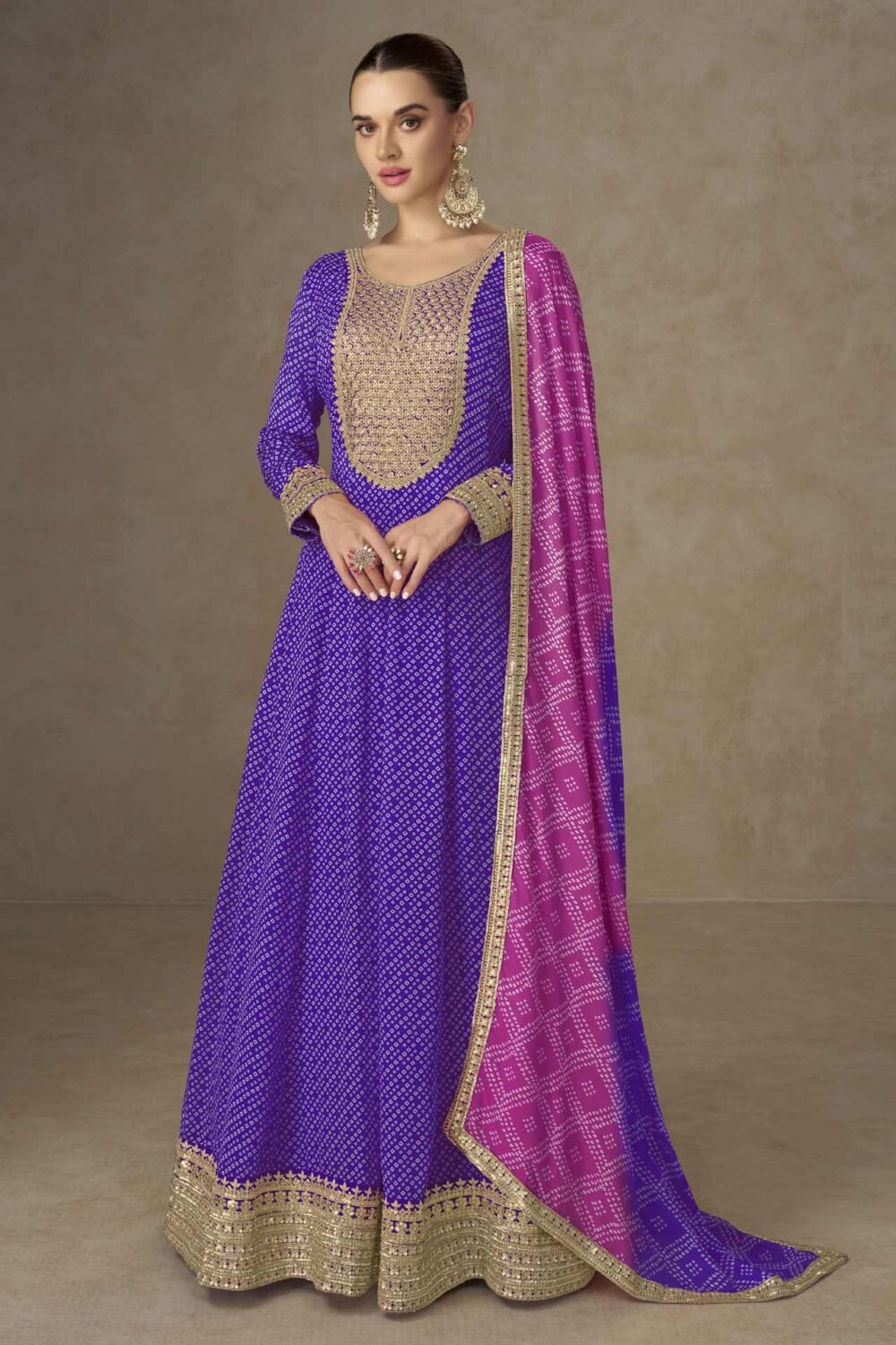 Blue Chinnon Women Readymade Anarkali Frock Suit With Bandhni Dupatta