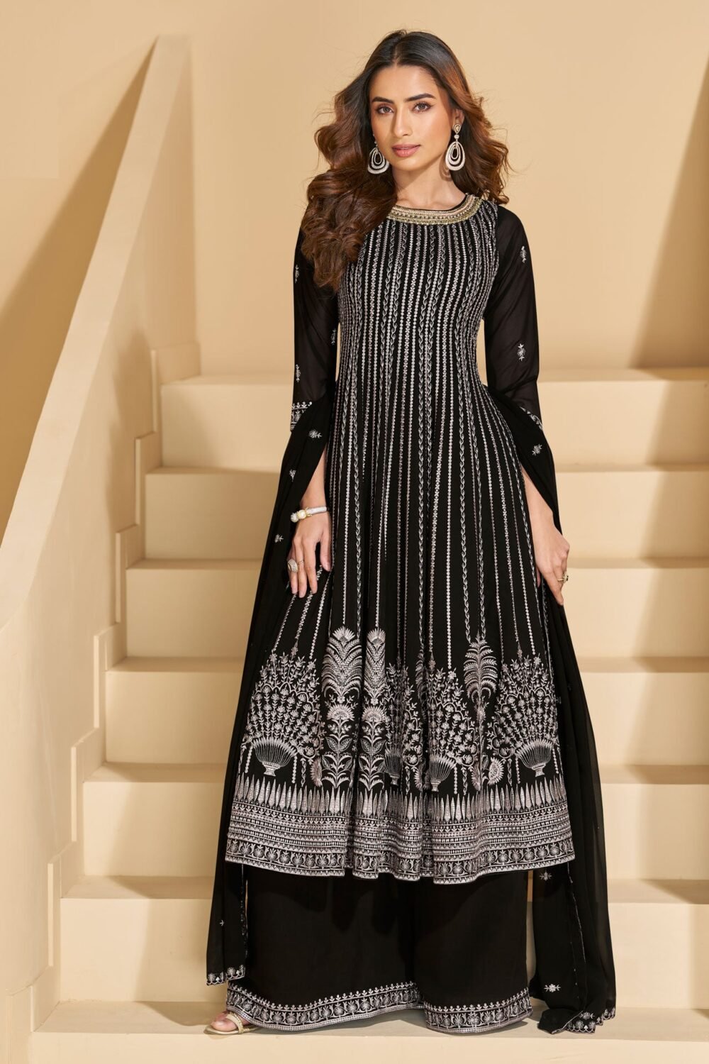 Black Faux Georgette Readymade Anarkali Palazzo Suit For Women