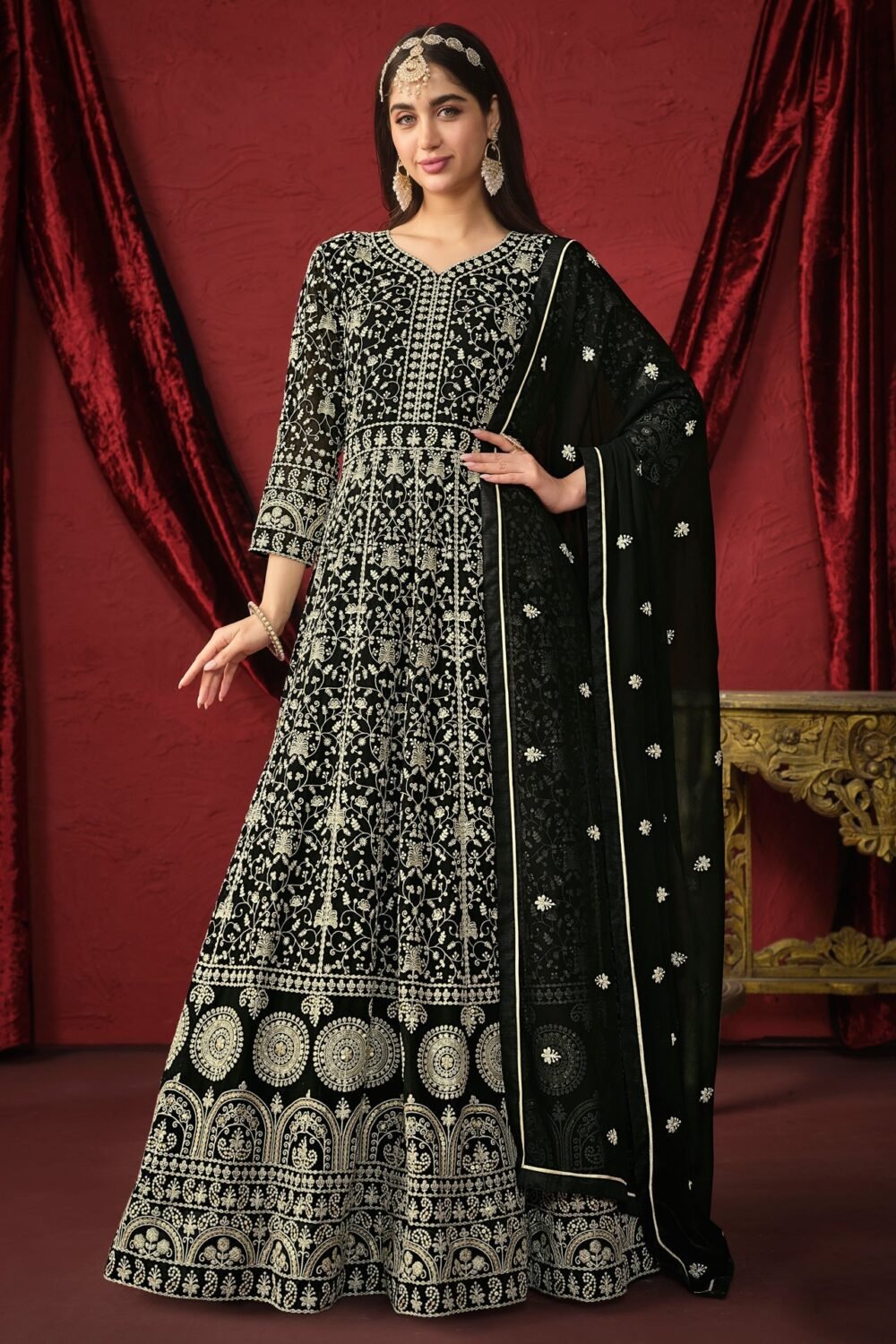 Black Faux Georgette Thread Work Floor Length Anarkali Suit With Dupatta