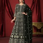 Black Faux Georgette Thread Work Floor Length Anarkali Suit With Dupatta