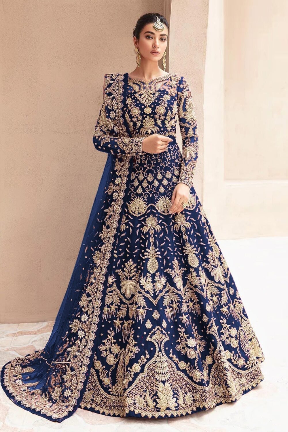 Blue Zari & Diamond Work Women Unstitched Anarkali Gown