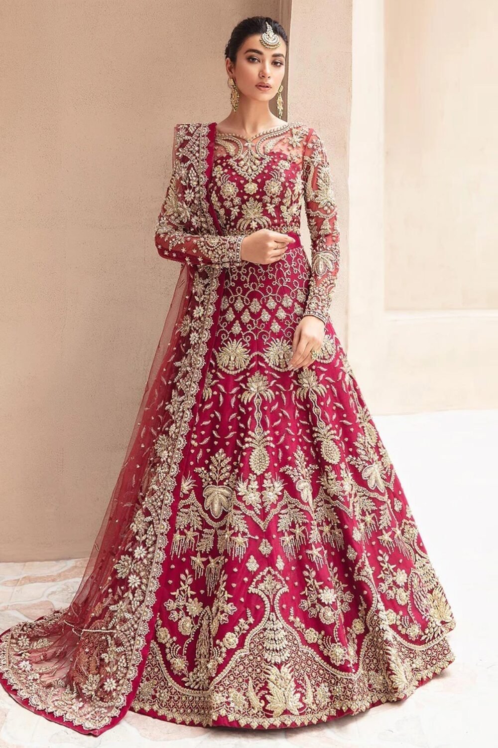 Maroon Zari & Diamond Work Women Unstitched Anarkali Gown