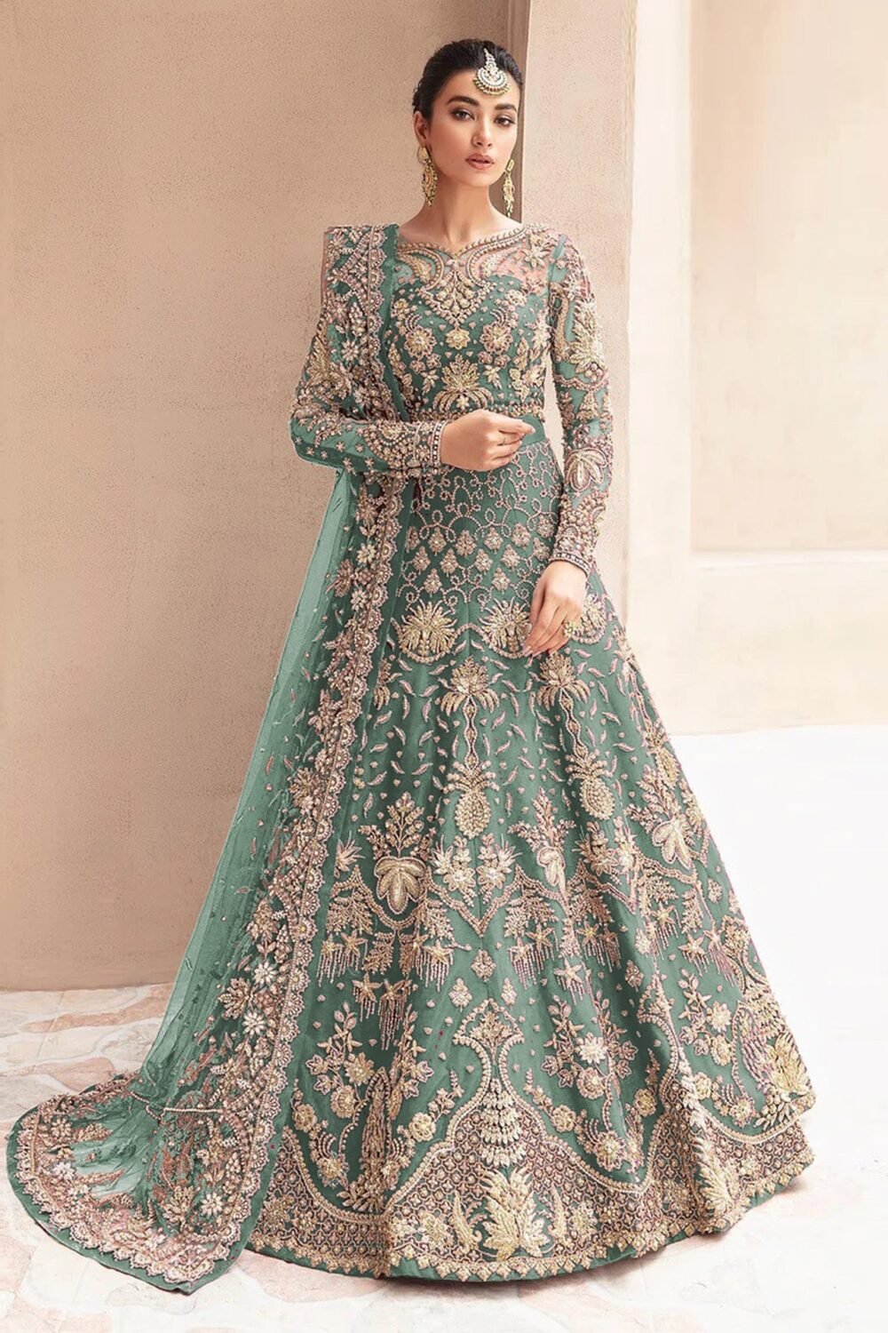 Sky Blue Zari & Diamond Work Women Unstitched Anarkali Gown