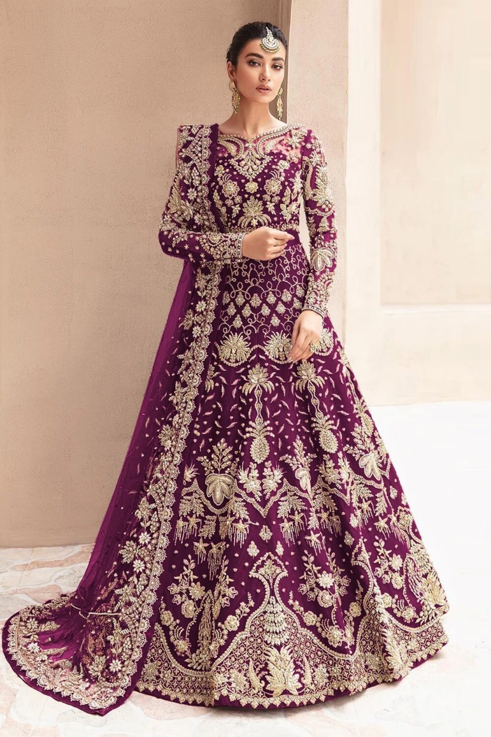 Wine Zari & Diamond Work Women Unstitched Anarkali Gown