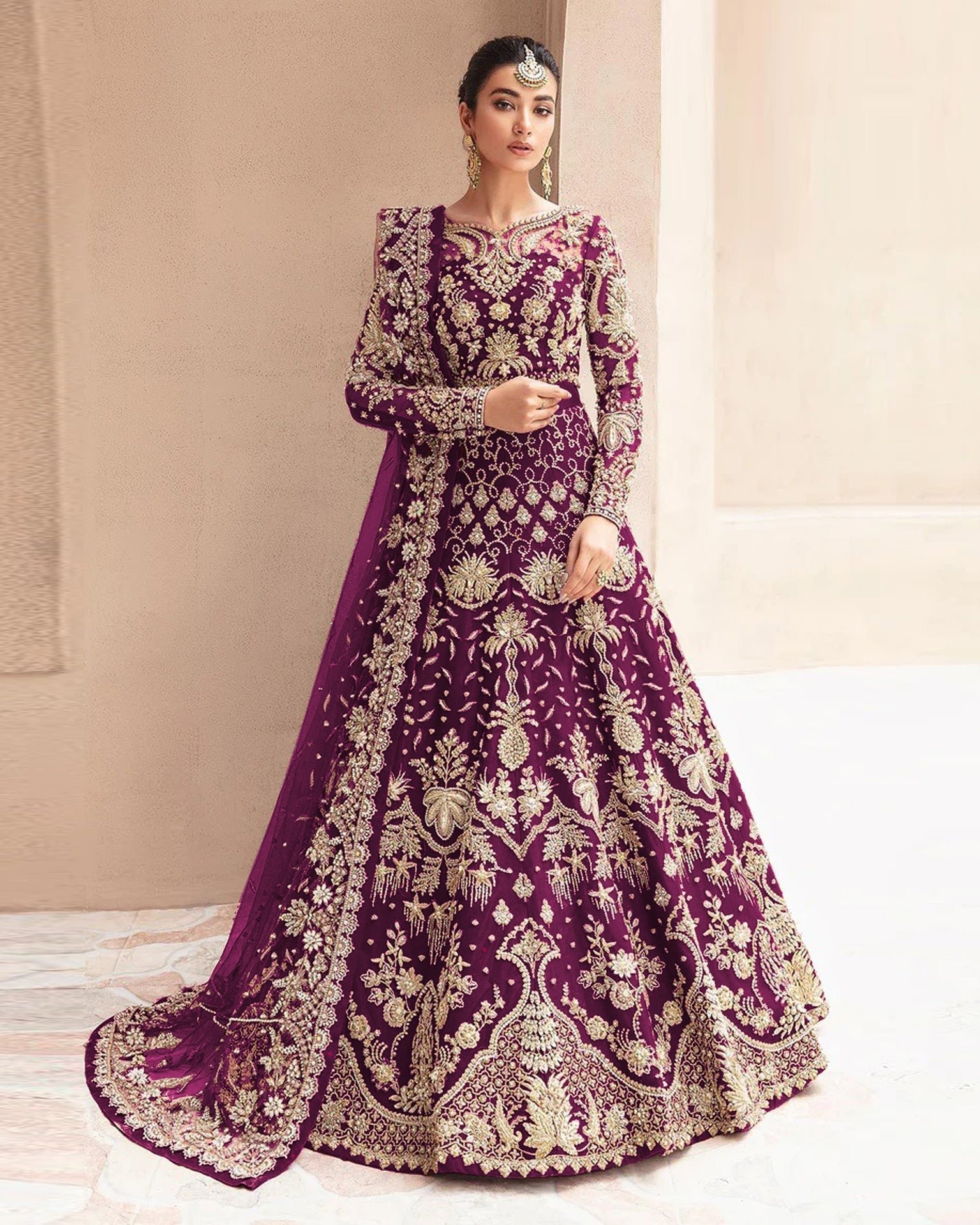 Wine Zari & Diamond Work Women Unstitched Anarkali Gown