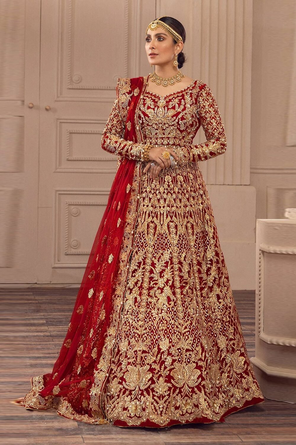 Maroon Zari & Diamond Work Women Unstitched Anarkali Gown