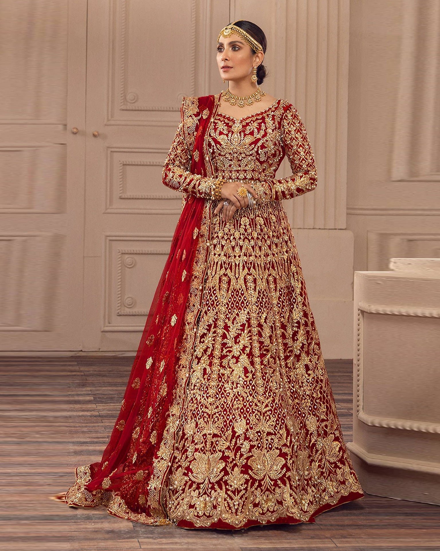 Maroon Zari & Diamond Work Women Unstitched Anarkali Gown