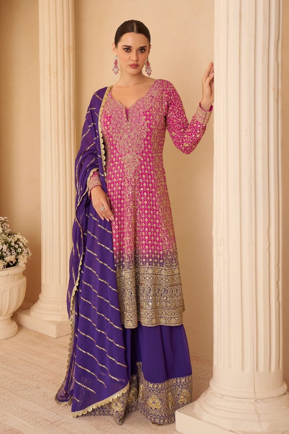 Pink Purple Georgette Women Readymade Bridal Anarkali Suit