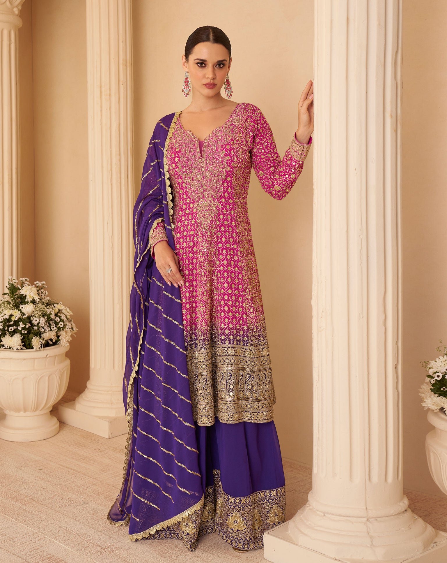 Pink Purple Georgette Women Readymade Bridal Anarkali Suit