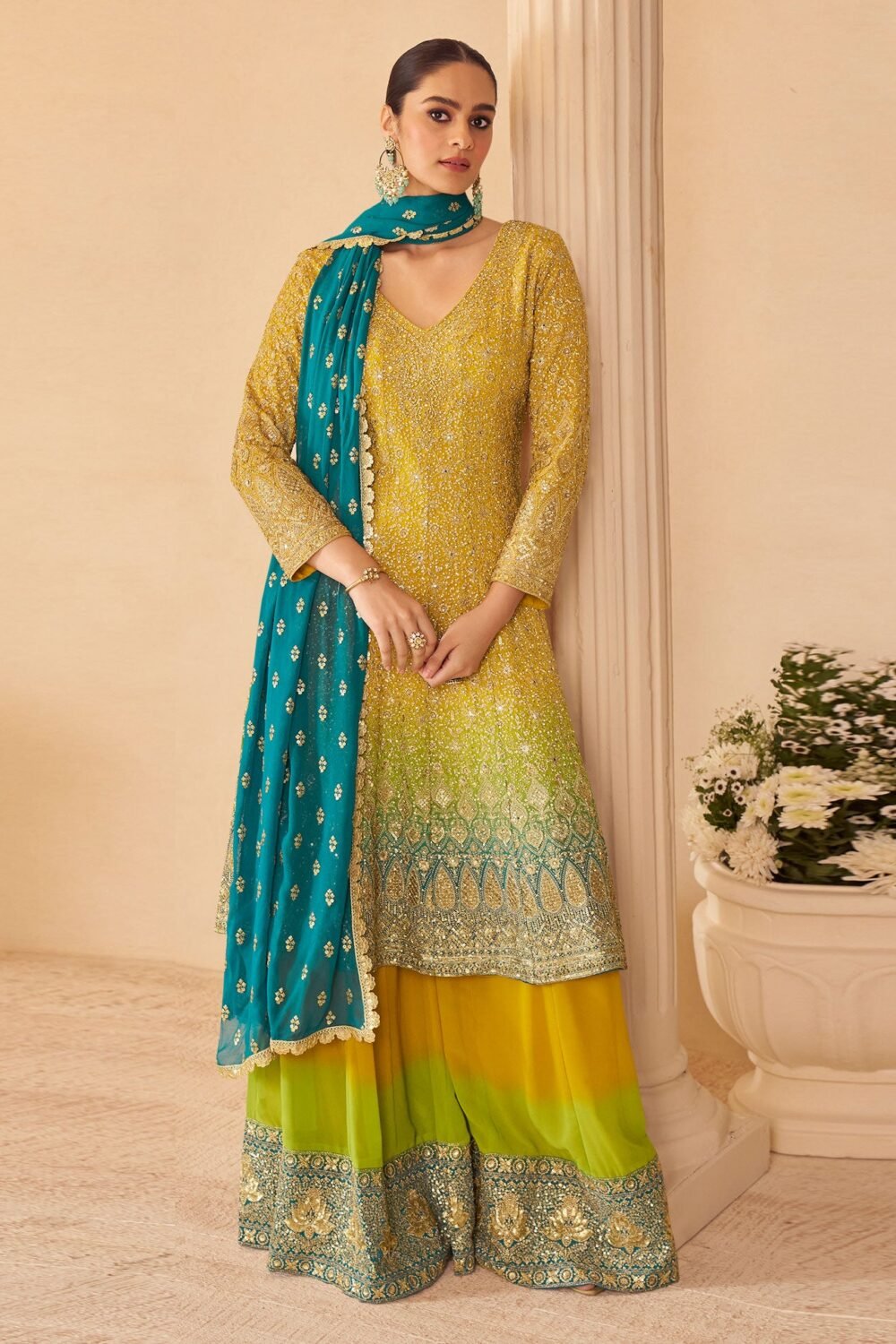 Yellow Green Blue Georgette Women Readymade Bridal Anarkali Suit