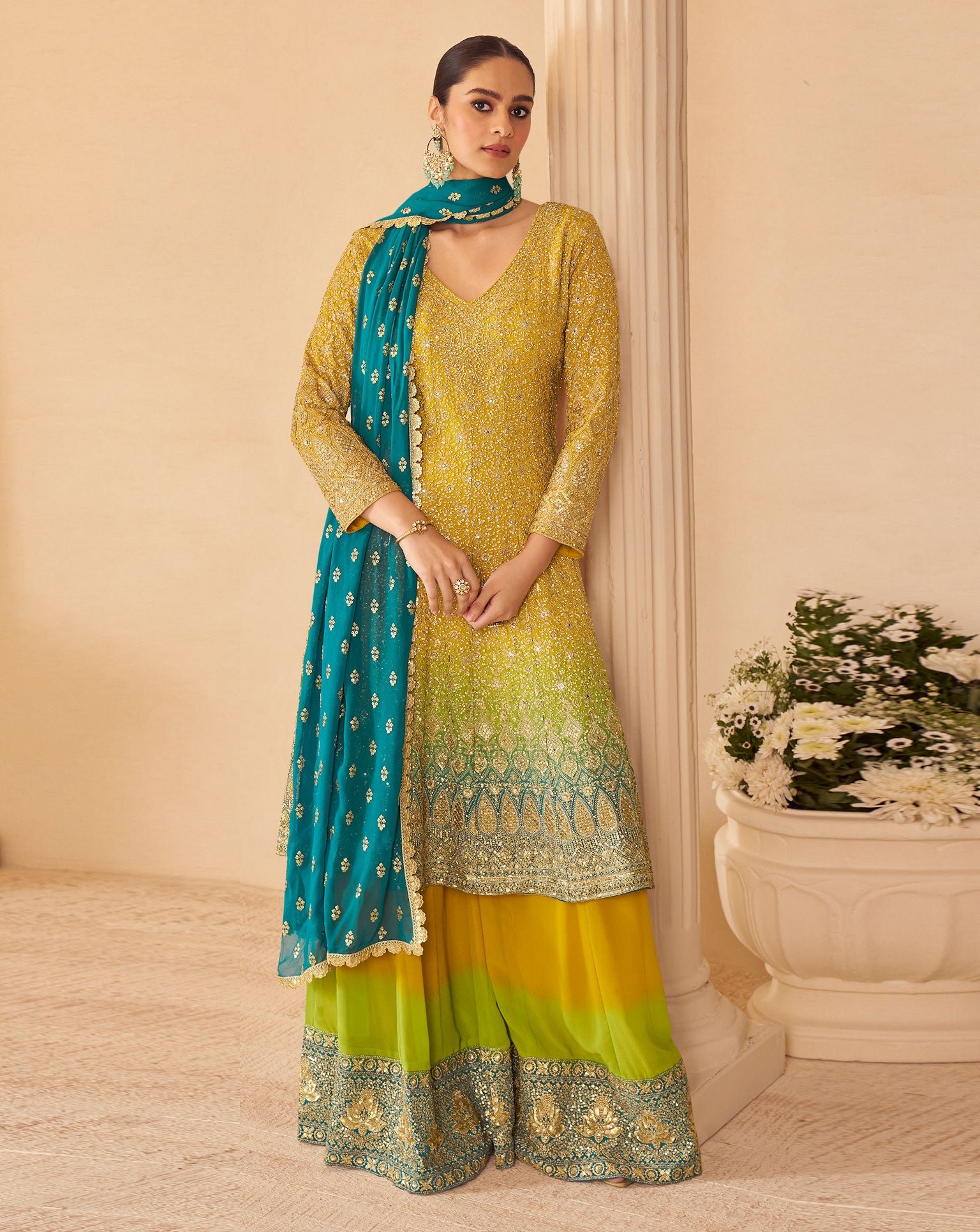 Yellow Green Blue Georgette Women Readymade Bridal Anarkali Suit