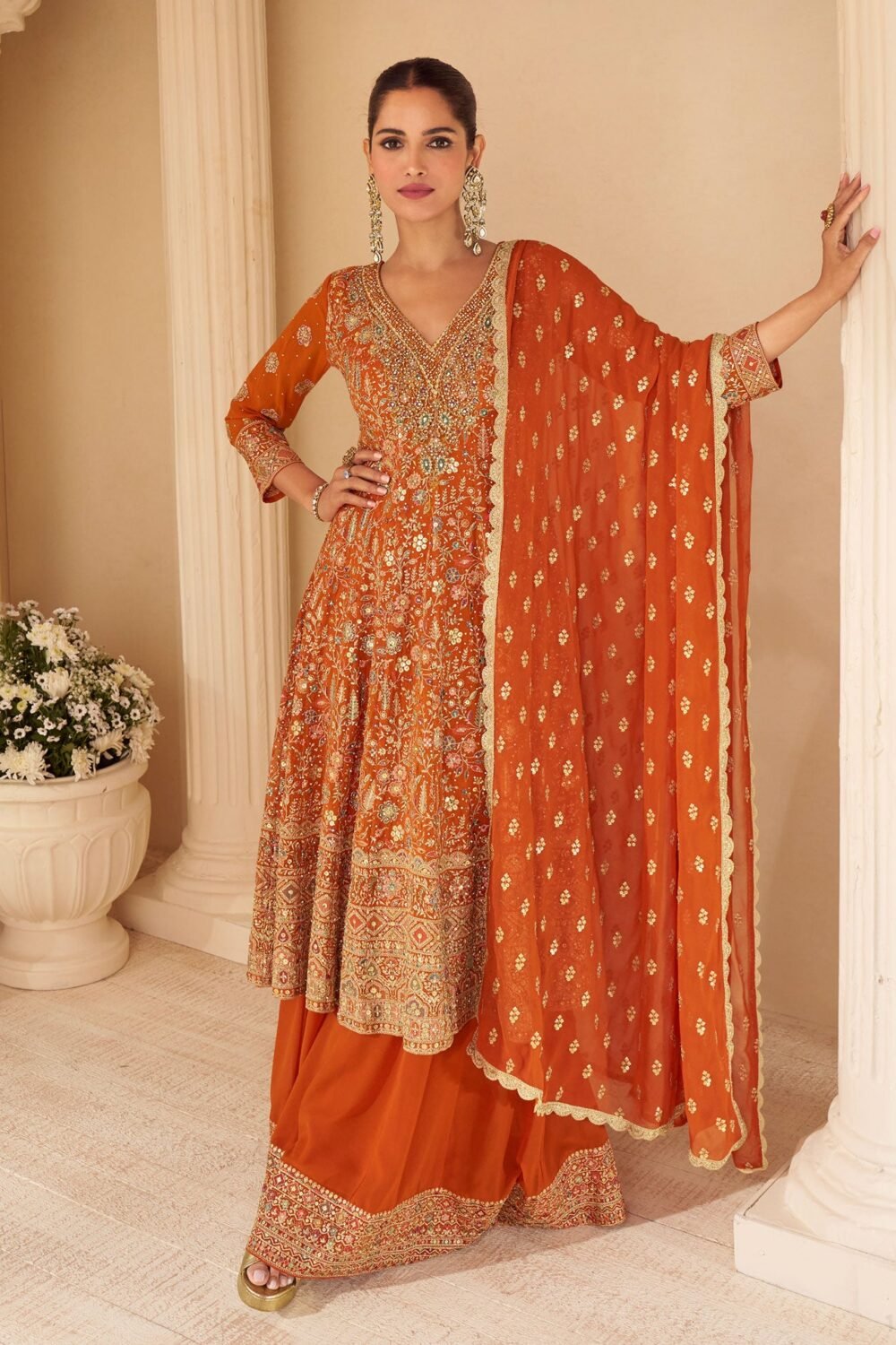 Orange Georgette Women Readymade Bridal Anarkali Suit