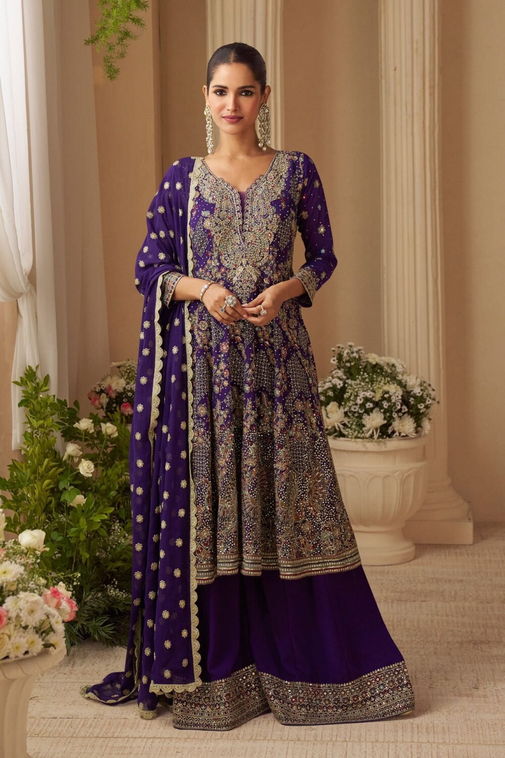 Purple Georgette Women Readymade Bridal Anarkali Suit