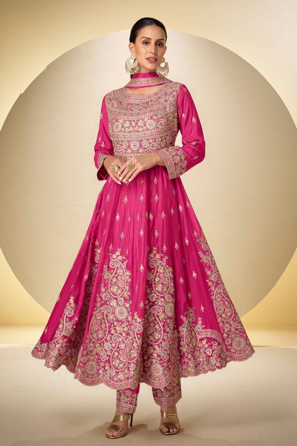Pink Thread Sequins Work Women Chinnon Silk Readymade Anarkali Suit With Dupatta