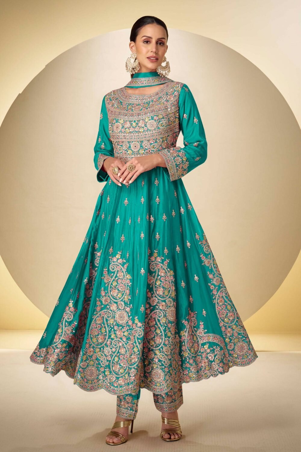 Sky Blue Thread Sequins Work Women Chinnon Silk Readymade Anarkali Suit With Dupatta