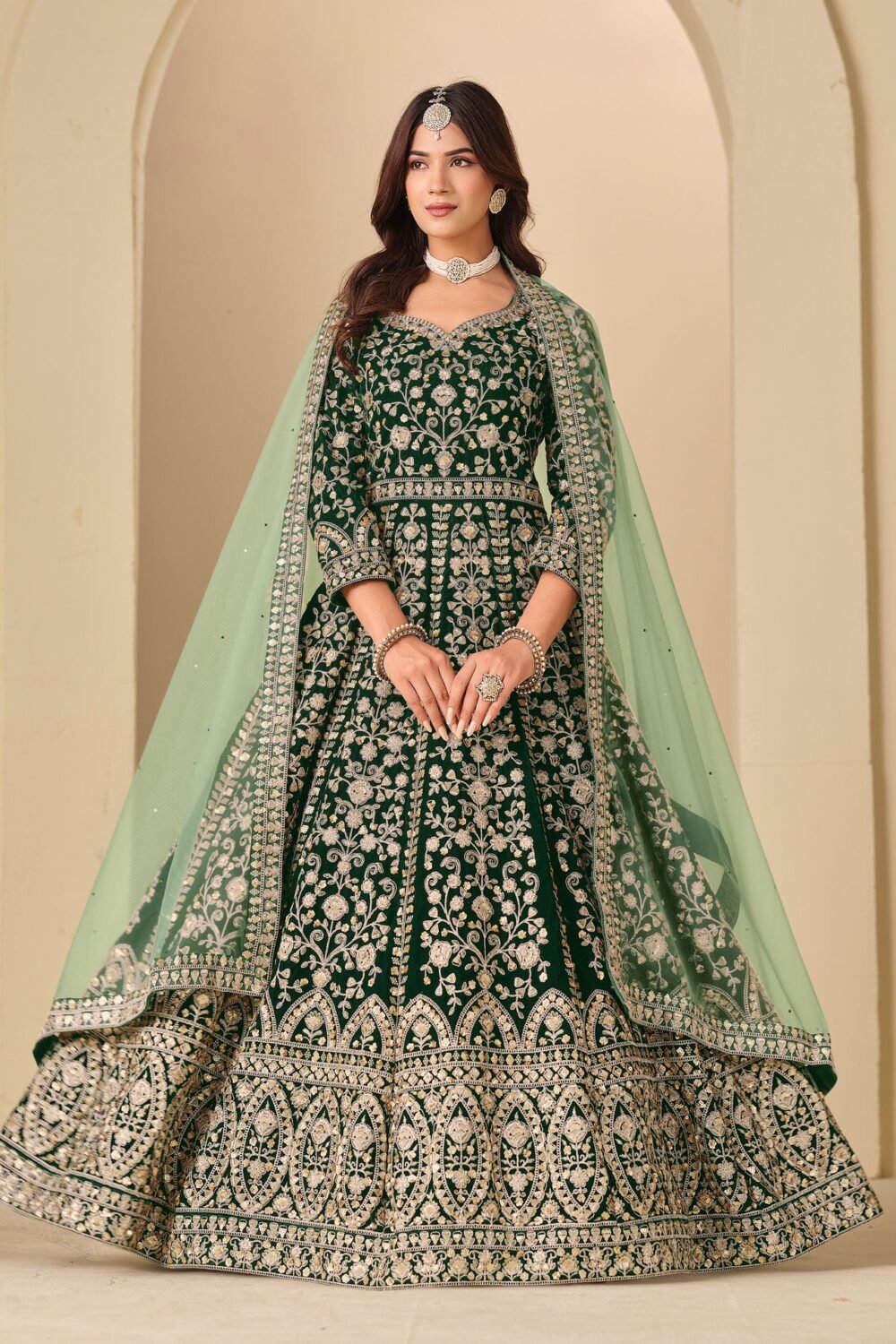 Green Zari Work Women Unstitched Velvet Anarkali Suit With Net Dupatta