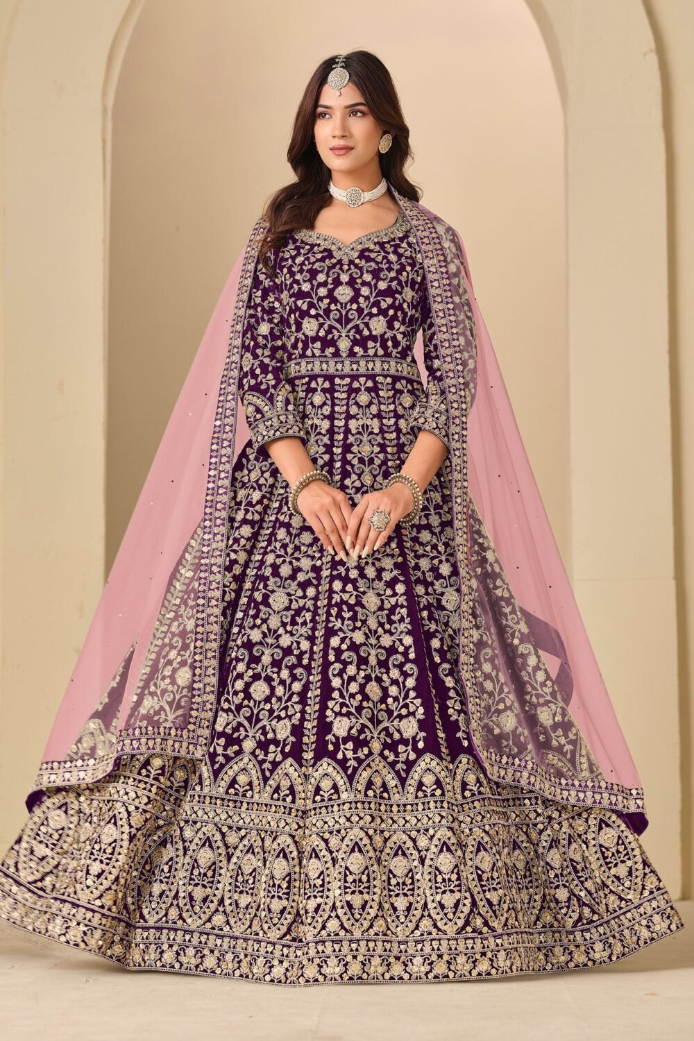 Purple Zari Work Women Unstitched Velvet Anarkali Suit With Net Dupatta