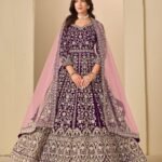 Purple Zari Work Women Unstitched Velvet Anarkali Suit With Net Dupatta