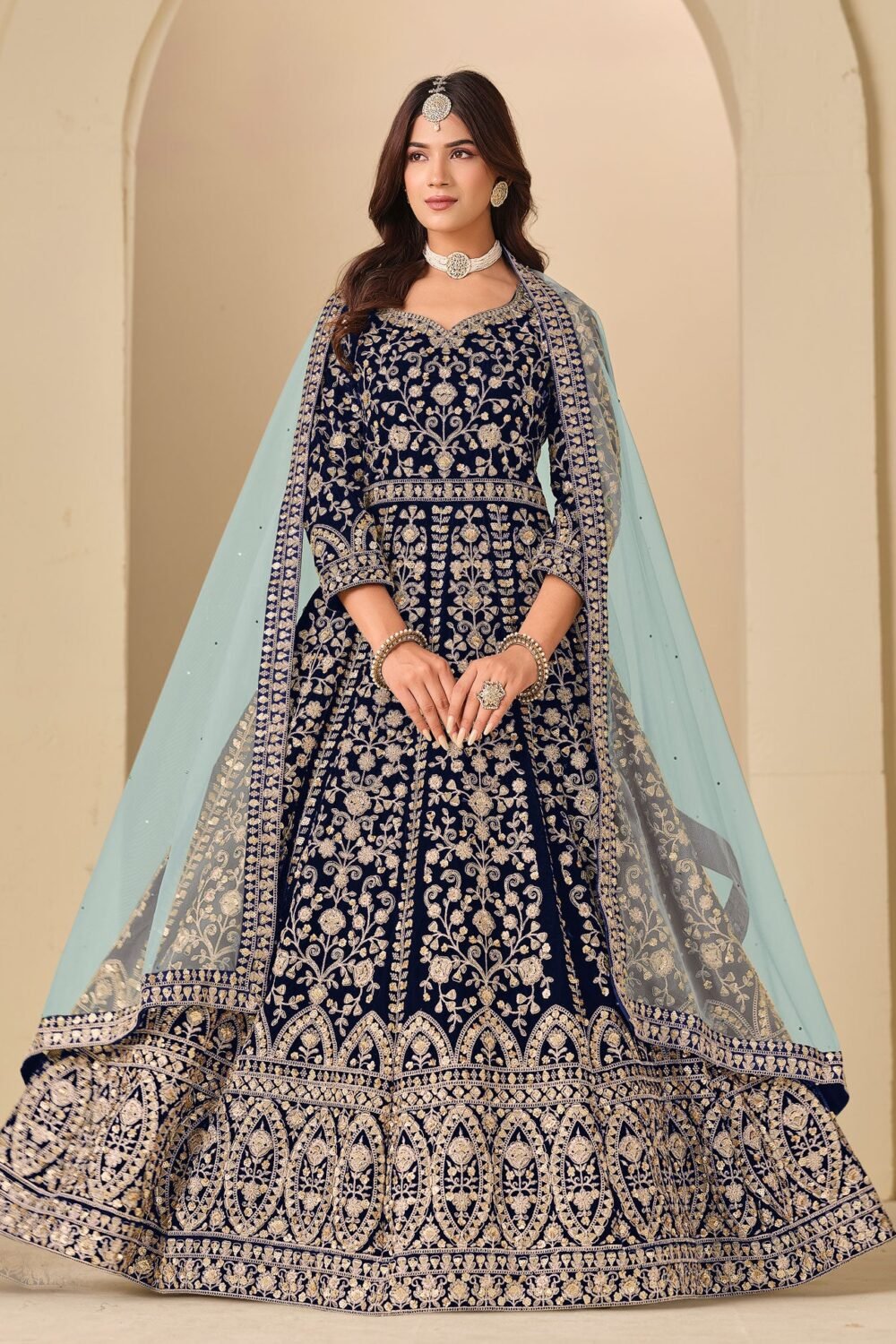 Blue Zari Work Women Unstitched Velvet Anarkali Suit With Net Dupatta