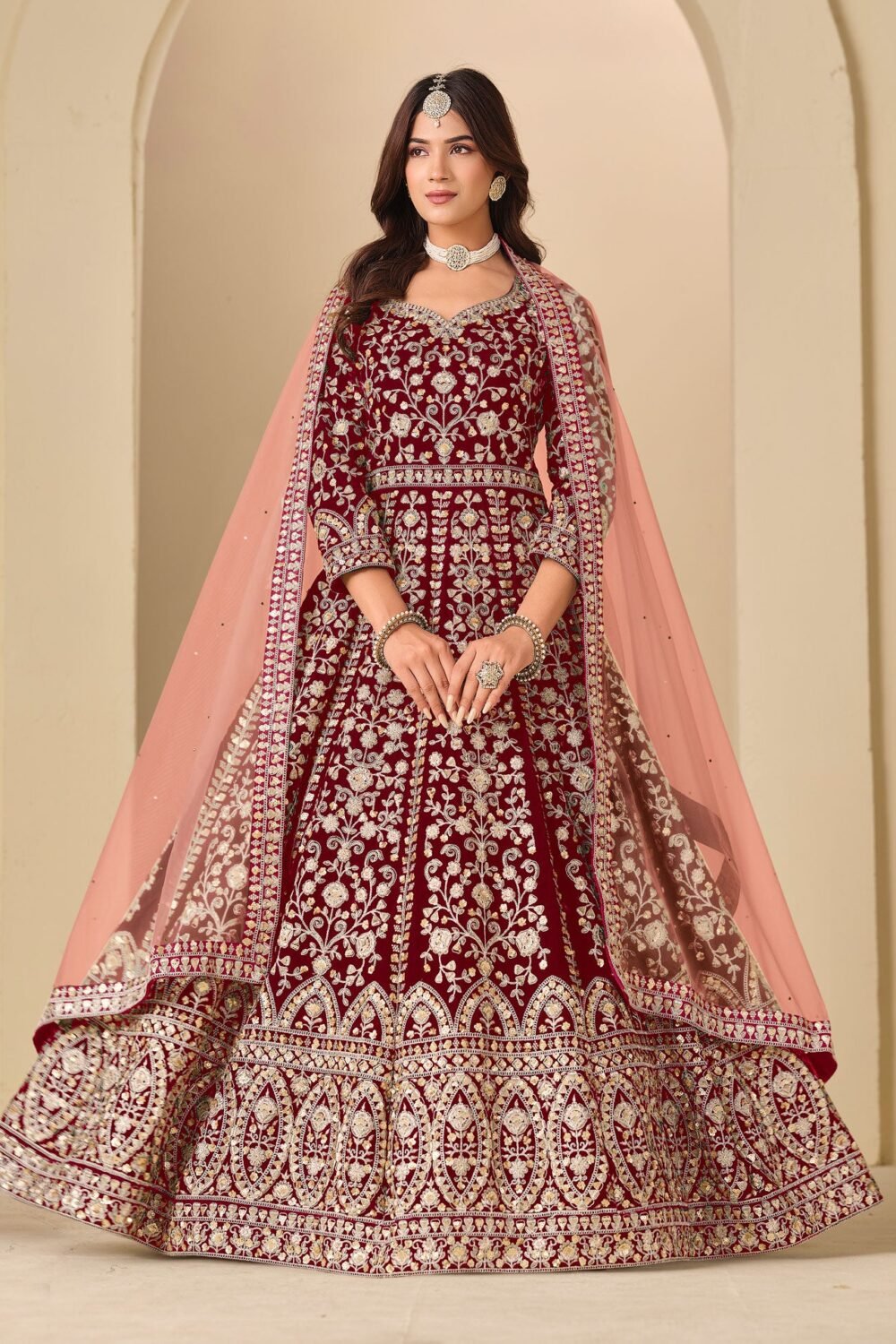 Red Zari Work Women Unstitched Velvet Anarkali Suit With Net Dupatta