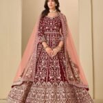 Red Zari Work Women Unstitched Velvet Anarkali Suit With Net Dupatta