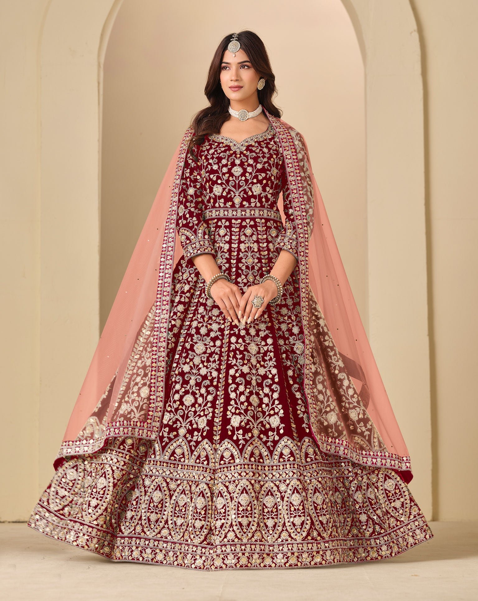 Red Zari Work Women Unstitched Velvet Anarkali Suit With Net Dupatta