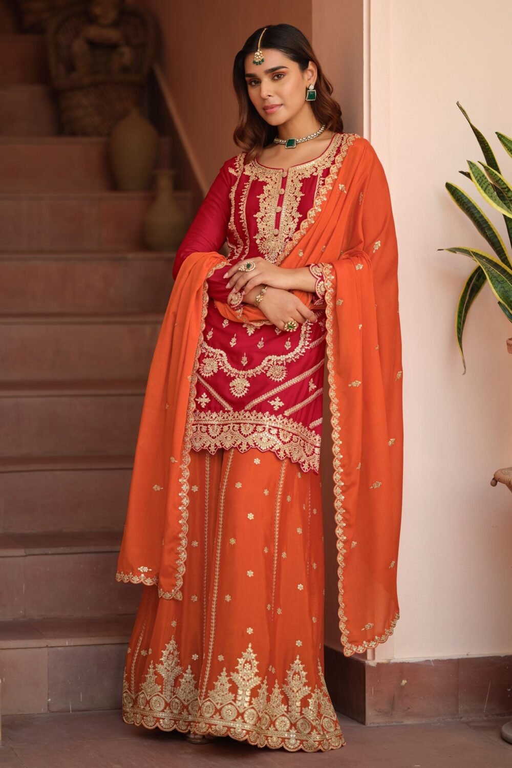 Red Orange Chinnon Silk Readymade Woman Palazzo Suit With Embroidered Dupatta