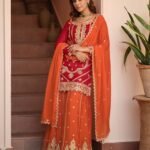 Red Orange Chinnon Silk Readymade Woman Palazzo Suit With Embroidered Dupatta