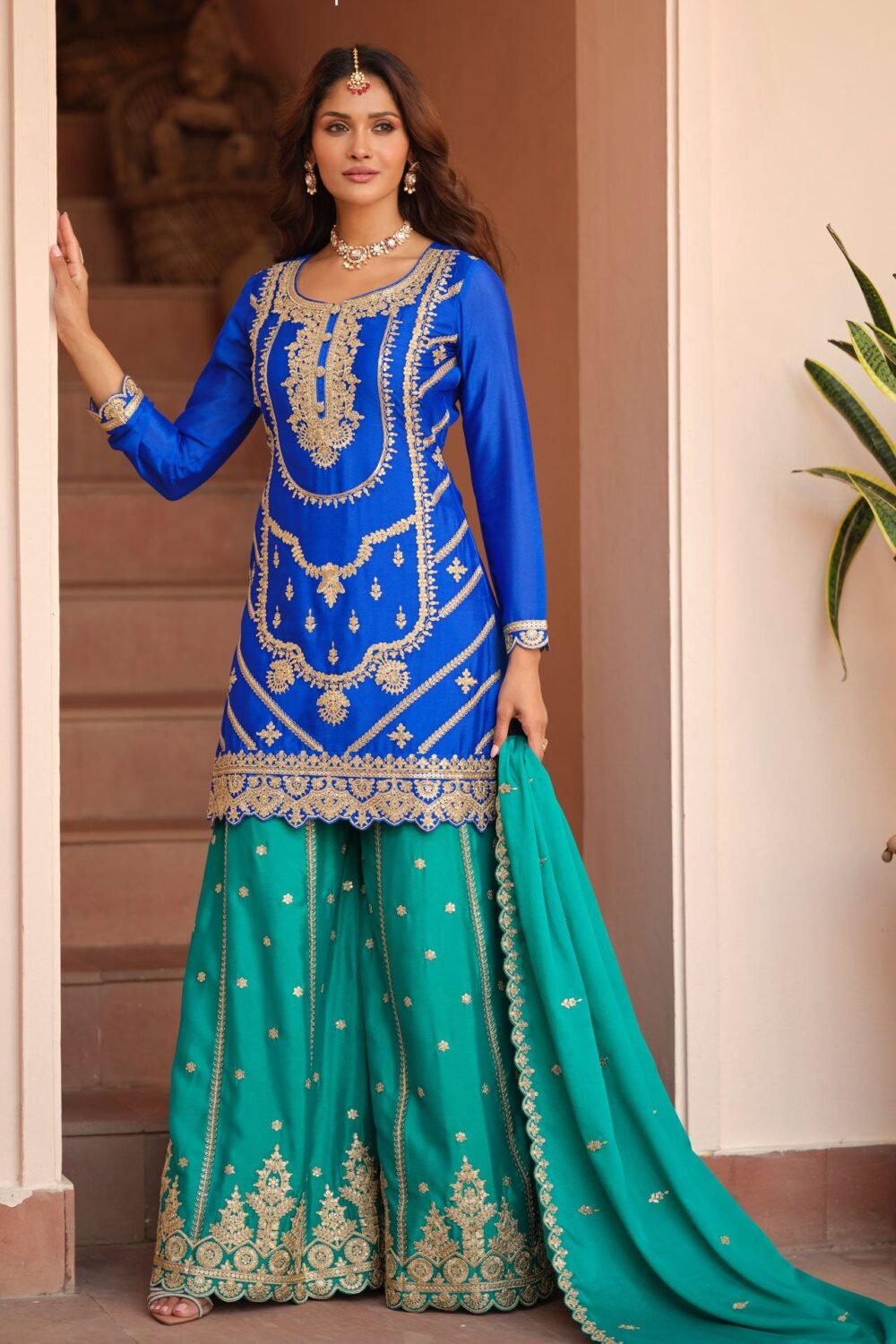 Blue Chinnon Silk Readymade Woman Palazzo Suit With Embroidered Dupatta