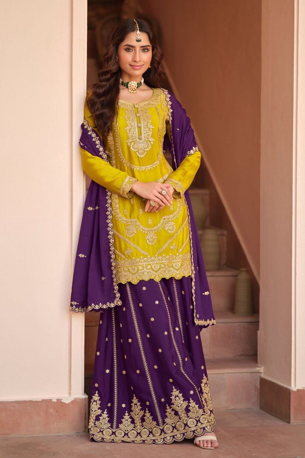Yellow Purple Chinnon Silk Readymade Woman Palazzo Suit With Embroidered Dupatta