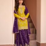 Yellow Purple Chinnon Silk Readymade Woman Palazzo Suit With Embroidered Dupatta