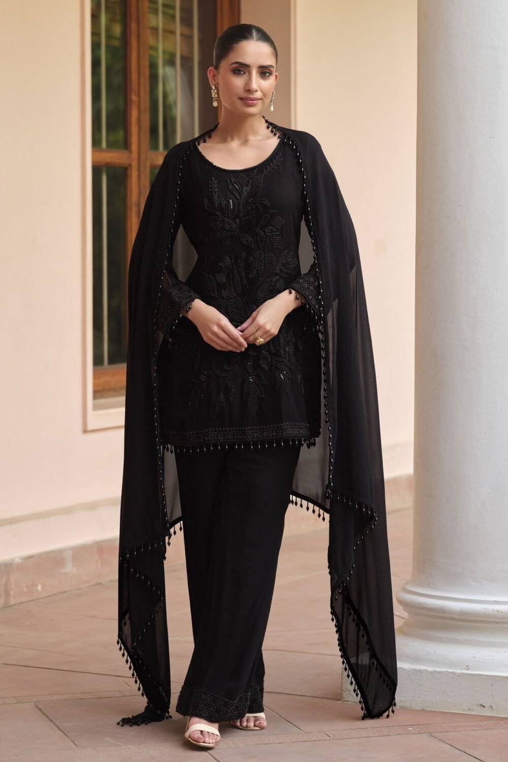 Readymade Black CO-Ord Palazzo Suit For Woman In Georgette